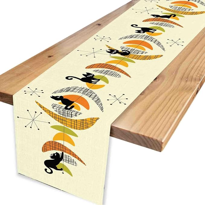 Mid Century Table Runner, Retro 1950s Black Cat Atomic Modern Abstract Coffee - Image 4