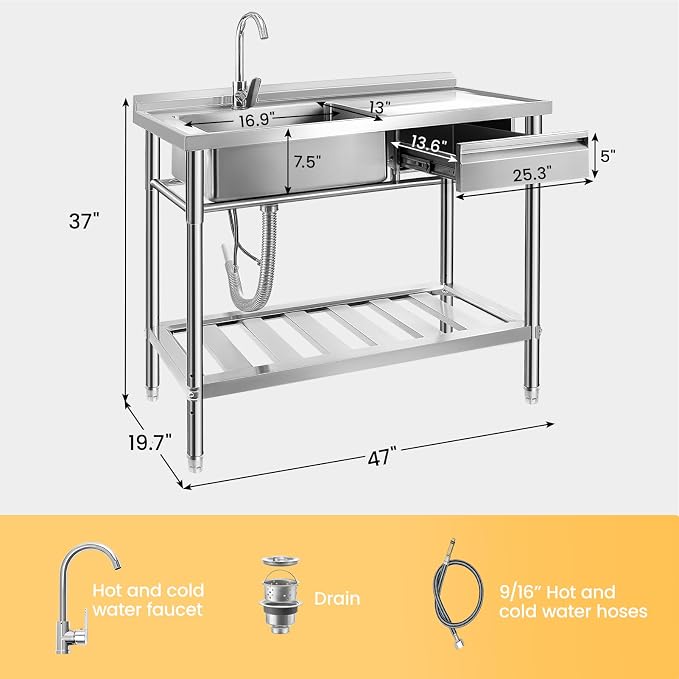 Stainless Steel Utility Sink, 47.2'' Free Standing Single Bowl Kitchen Sink - Image 3