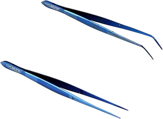 Tweezers, Curved and Straight Tips, Blue Stainless Steel for Plating