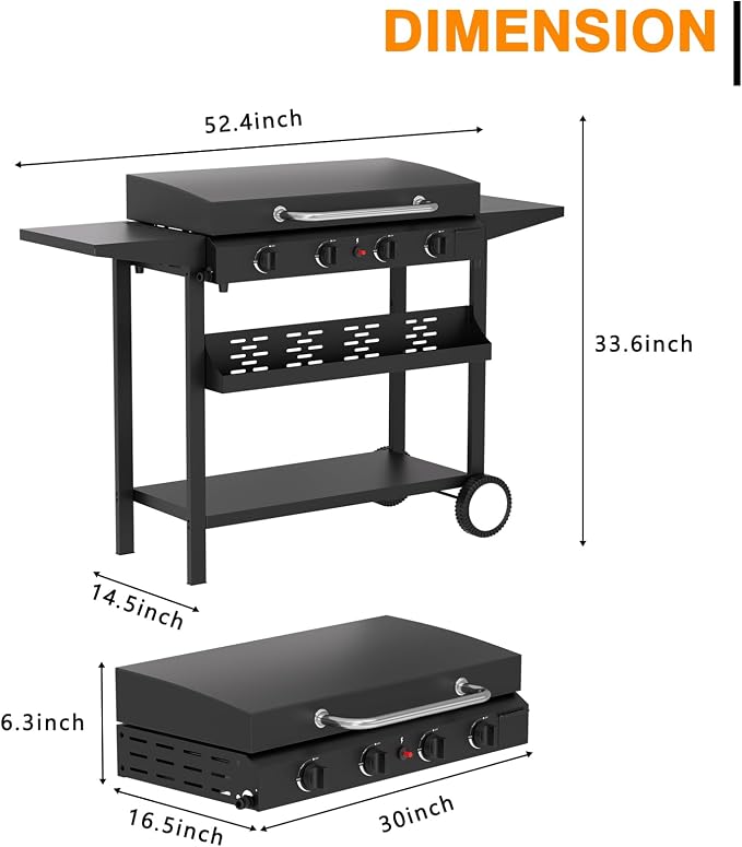 4 Burner BBQ Gas Griddle with Hood, 30 Inch Stainless Steel Portable Detachable - Image 7