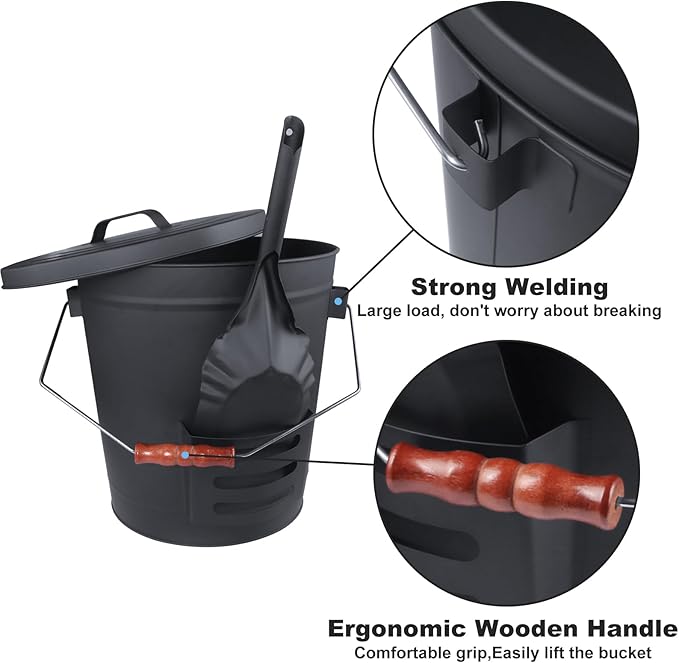 Ash Bucket with Lid and Shovel Hand Broom, 5.15 Gallon Large Galvanized Iron - Image 4