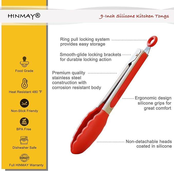 Tongs 3-Pack, 9-Inch Red Silicone with Stainless Steel Locking Ring
