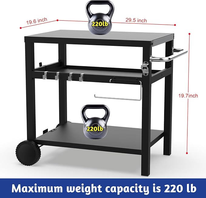 29.5''x19.6'' Outdoor Grill Cart, Pizza Oven Table Stand, 3-Shelves Food Prep - Image 5