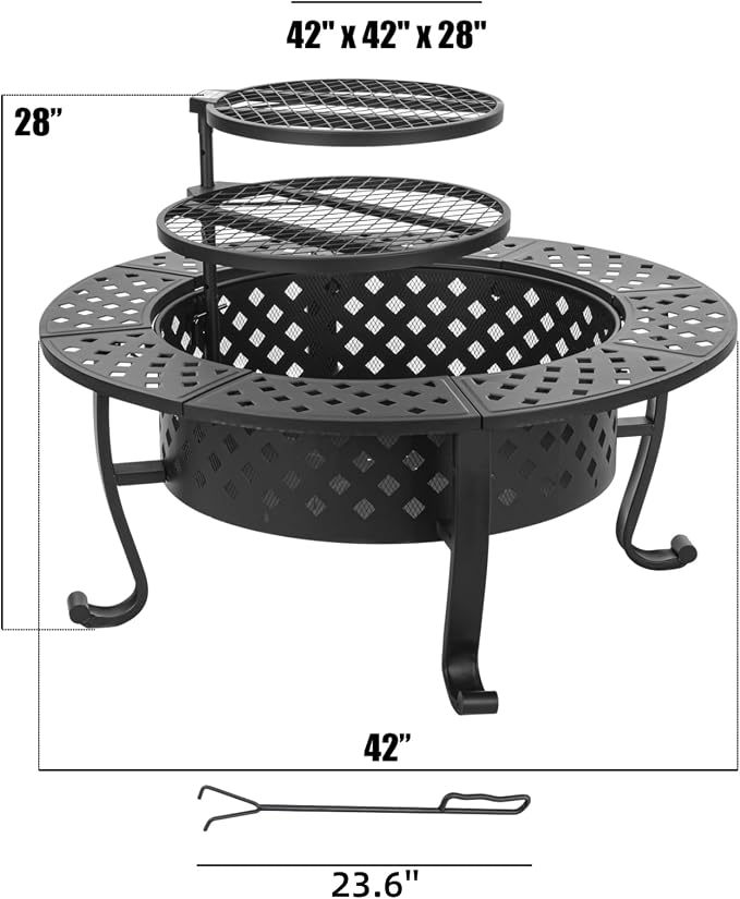 42 Inch Fire Pit with 2 BBQ Grills, Wood Burning Fire Pits - Image 4