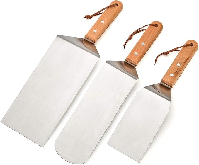 Barbecue Tool Set, 3-Piece Stainless Steel Griddle Spatulas, Wood Handles