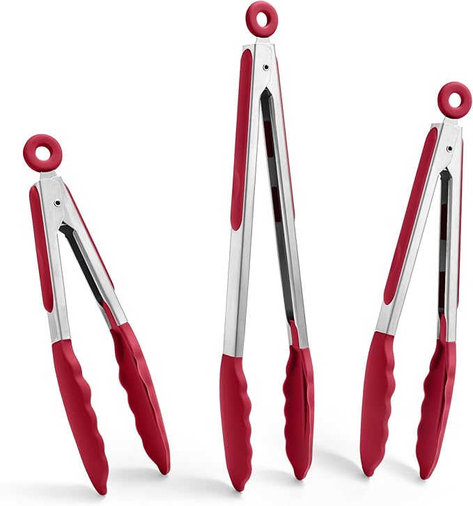Tongs with Silicone Tips, Stainless Steel, 600°F Heat Resistant, Red