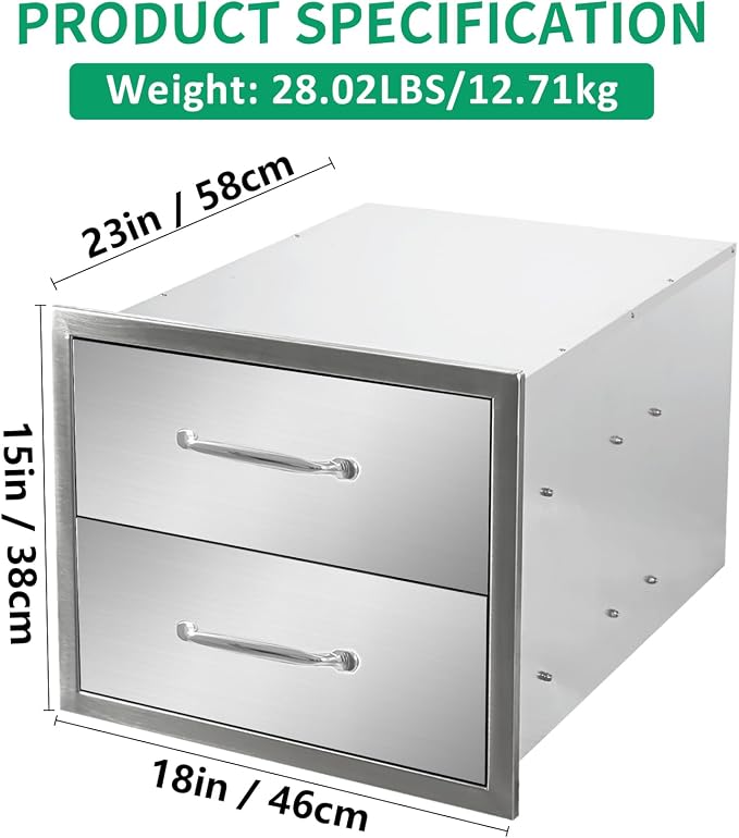 Outdoor Kitchen Drawers 18" W x 15" H x 23" D Stainless Steel Double Drawers - Image 2