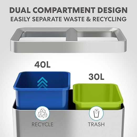 70 Liter / 18.5 Gallon Rectangular Open Top Dual Compartment Recycling Trash Can - Image 4
