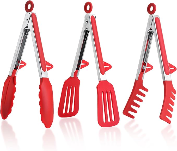Tongs Set of 3 with Silicone Tips, Red 12-Inch Stainless Steel