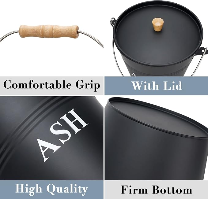 Mini Ash Bucket with Lid, Shovel and Broom, 1.5 Gallon Fireplace Metal Bucket - Image 7