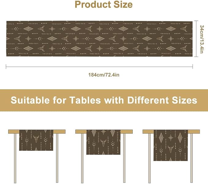 Western Cow Skull Table Runner, Vintage Boho Aztec Cow Ethnic Pattern Printed - Image 7