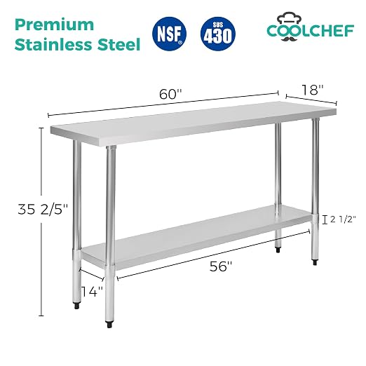 Stainless Steel Work Table 18 x 60 Inch, NSF Commercial Prep Table - Image 2