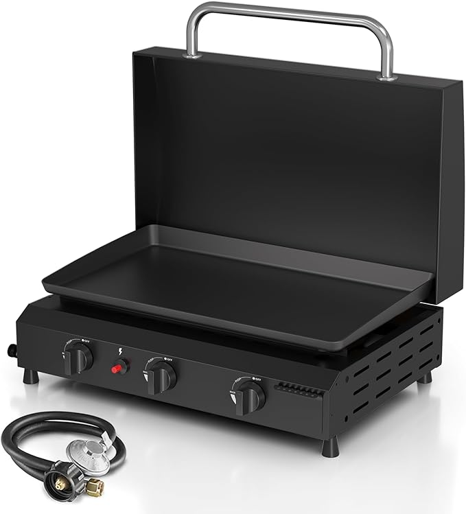 3 Burner BBQ Gas Griddle with Hood, 25.6 Inch Stainless Steel Portable by ADREAK