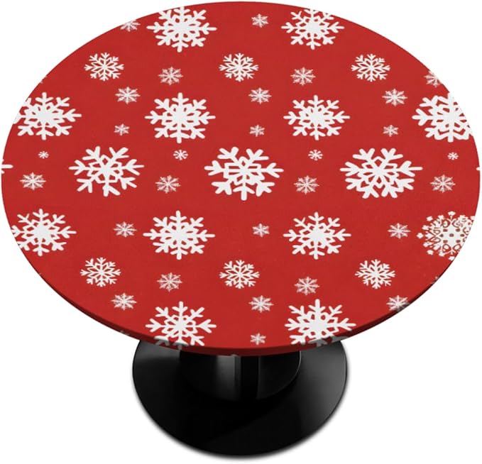 Christmas Snowflake Red White Round Table Cloth Cover, Elastic Edge Waterproof by ModaQua