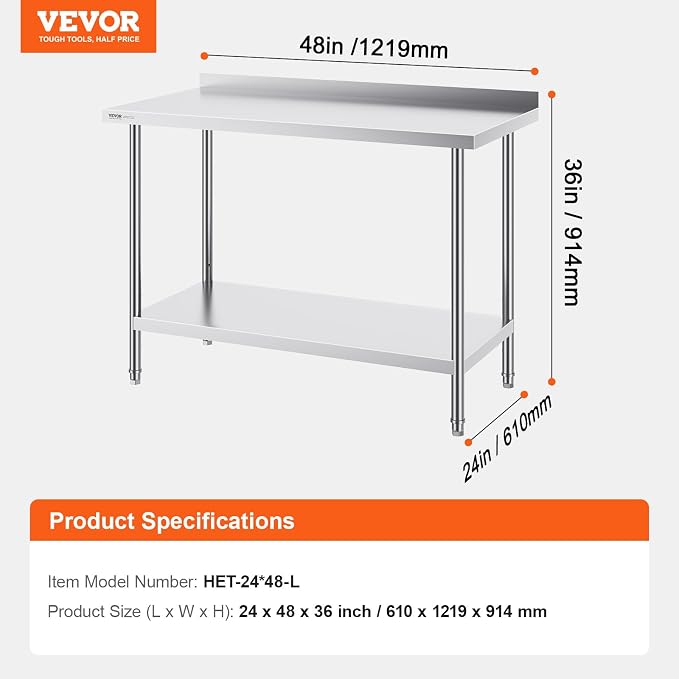 VEVOR 24 x 48 x 36 Inch Stainless Steel Work Table, Commercial Food Prep - Image 3