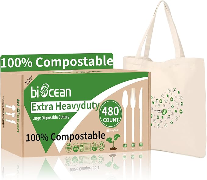 Extra Heavyduty Compostable Cutlery Set No Plastic Forks Spoons Knives by Biocean
