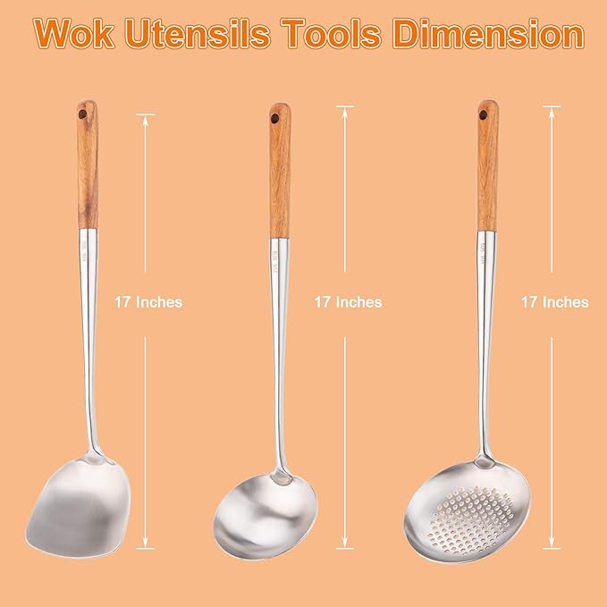 FJNATINH Wok Spatula and Ladle, Skimmer Ladle Tool Set, 17inches Spatula - Image 5