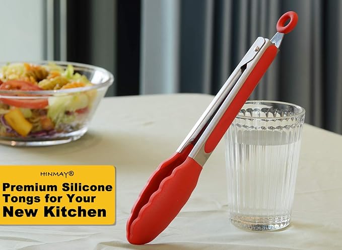 Tongs 3-Pack, 9-Inch Red Silicone with Stainless Steel Locking Ring