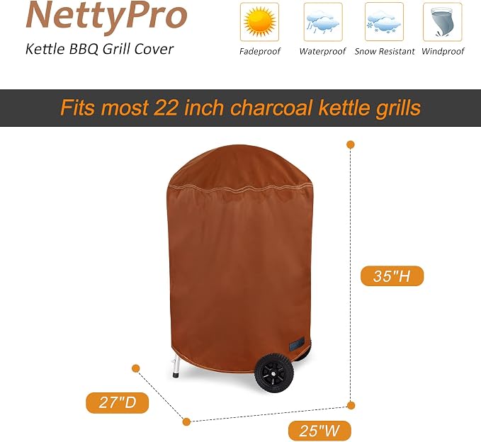 NettyPro Grill Cover for Charcoal Kettle Grill 22 inch, Heavy Duty Waterproof - Image 6