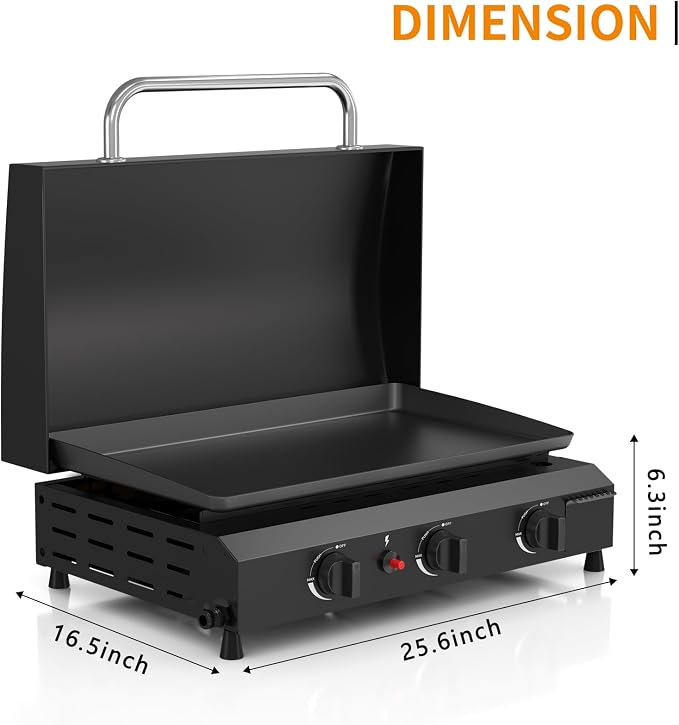 3 Burner BBQ Gas Griddle with Hood, 25.6 Inch Stainless Steel Portable - Image 6