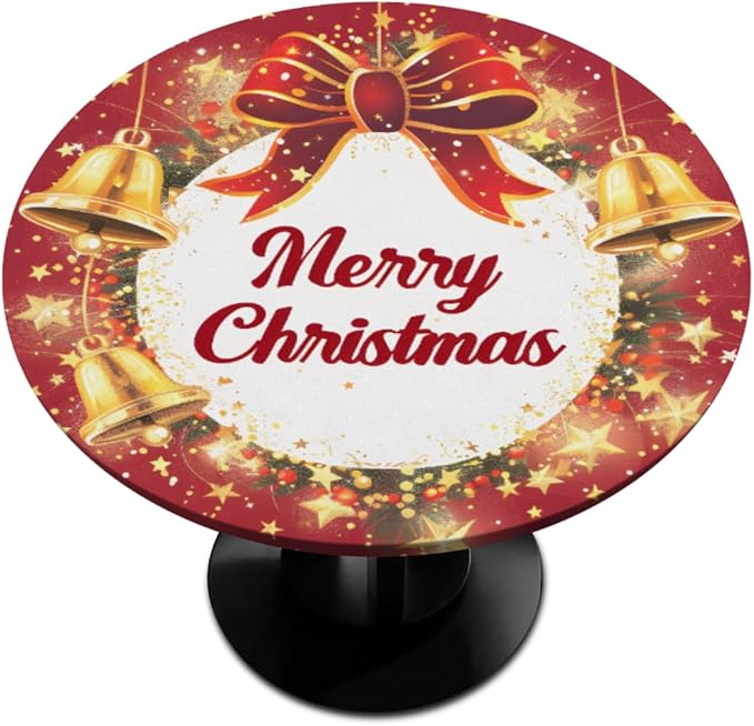 Merry Christmas Bell Bow Round Table Cloth Cover, Elastic Edge Waterproof by ModaQua