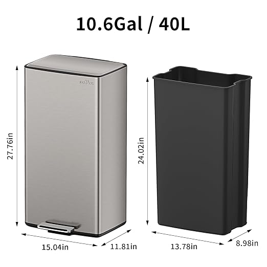 mVm Kitchen Trash Can, 40Liter / 10.6 Gal Brushed Stainless Steel Trash Can - Image 7