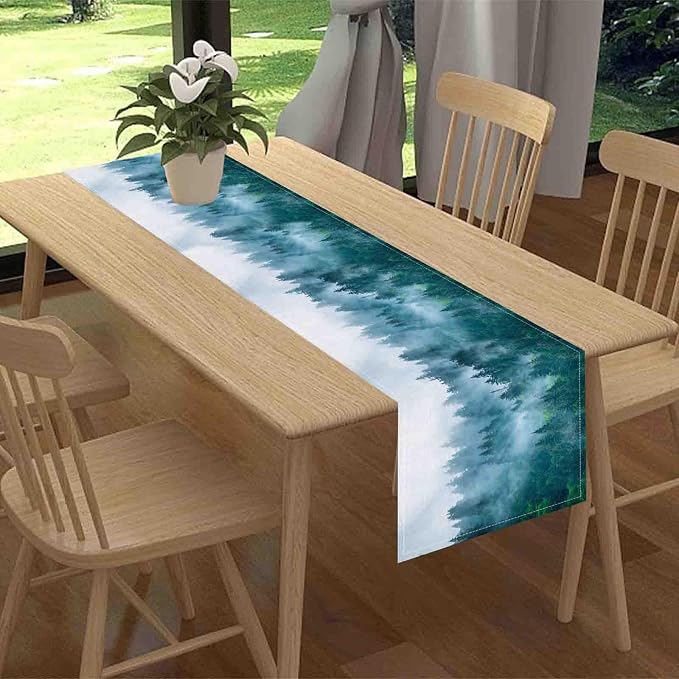 Forest Table Runner, Rustic Farmhouse Misty Pine Tree Woodland Mountain Country - Image 2