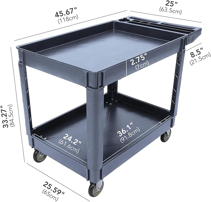 Utility Service Cart with Wheels and Two Trays, Service Cart 2-Shelf 500lbs - Image 4