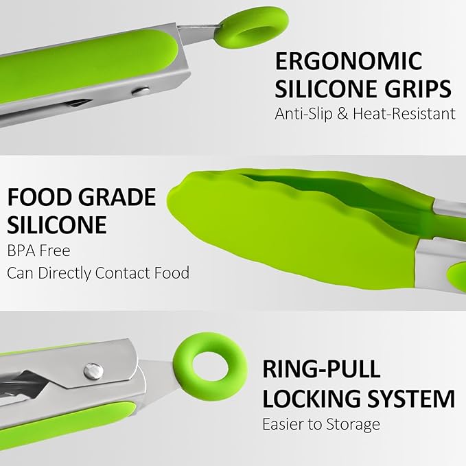 Tongs Set, 9 Pieces in 7, 9 and 12 Inch Sizes with Silicone Tips