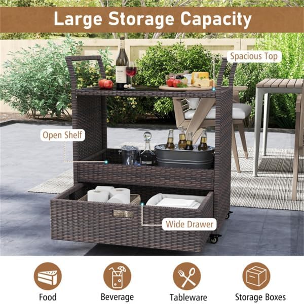 Outdoor Wicker Bar Cart with Drawer, PE Rattan Serving Trolley with Glass Top & - Image 4
