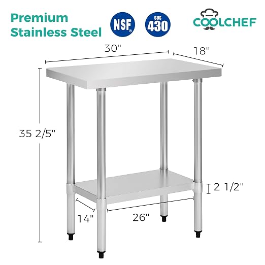 Stainless Steel Work Table 18 x 30 Inch, NSF Commercial Prep Table - Image 2