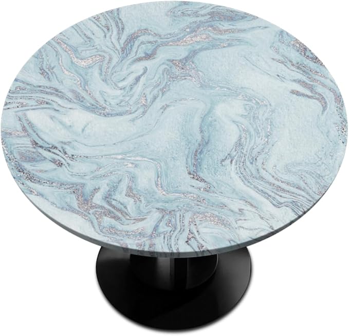 Blue Silver Marble Pattern Round Table Cloth Cover, Elastic Edge Waterproof by ModaQua