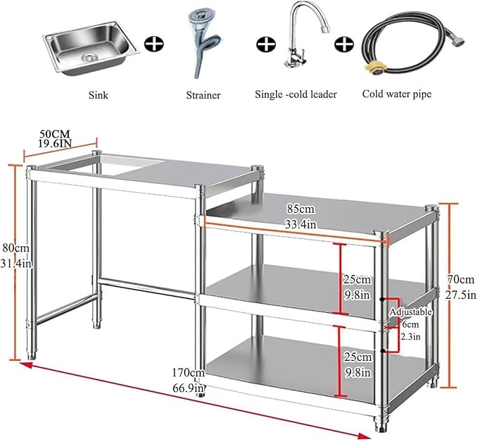 Free Standing Utility Sink, Stainless Steel Kitchen Baker Rack Shelf, Single - Image 7