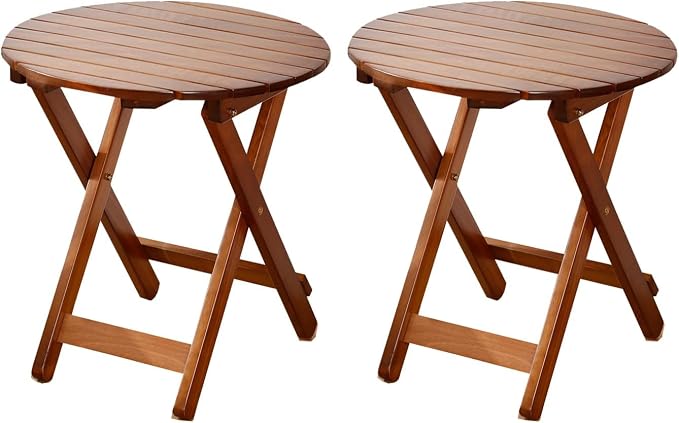 Small Round Folding Side Table Set of 2, Patio Foldable Wooden Outdoor End by BestforYou