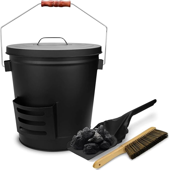 Grisun Ash Bucket with Lid, Shovel and Hand Broom, 5.2 Gallon Coal Bucket by Grisun