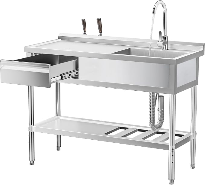WOEDEN 47" 304 Stainless Steel Sink, Free-Standing Commercial Sink by Unknown
