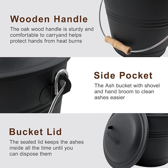 Poofzy Ash Bucket with Lid, Small Fireplace Ash Bucket with Lid and Shovel - Image 4