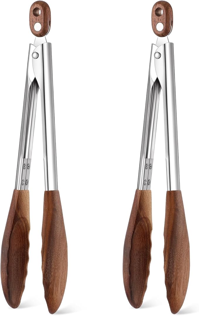 Serving Tongs 2-Pack, Walnut Wood with Stainless Steel, 11.4 Inch
