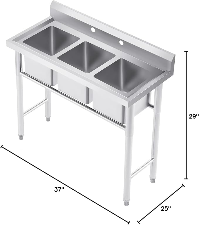 WILPREP NSF Stainless Steel 3 Compartment Commercial Sink 11x10x10 Inch Basins - Image 9