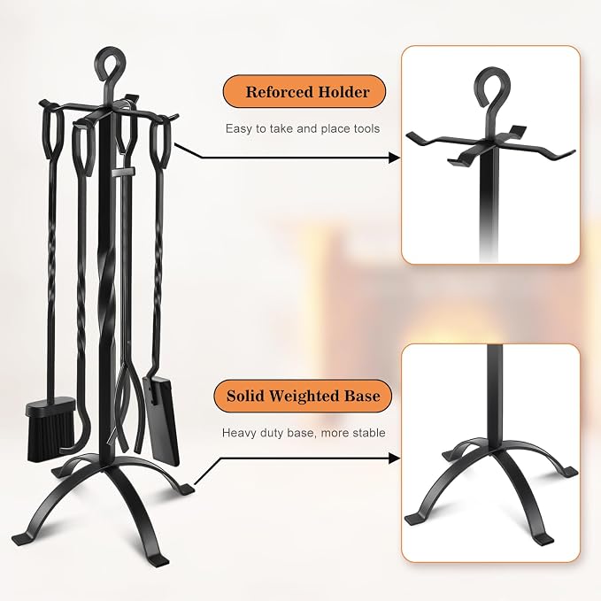 Gtongoko Fireplace Tools Set 5 Pieces 32 Inch Modern Black Wrought Iron Large - Image 3