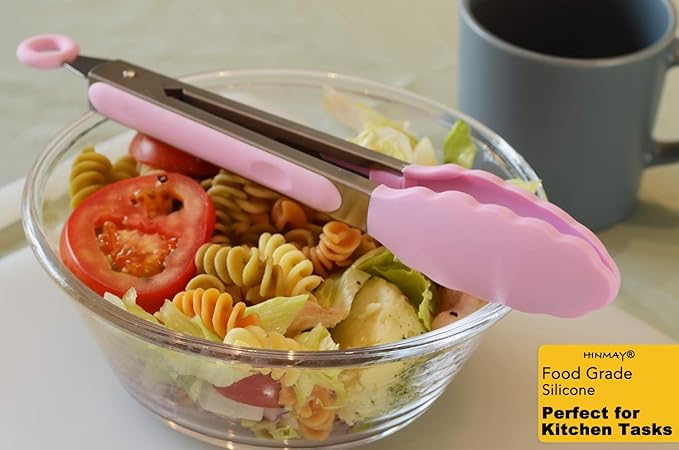 Tongs 3-Pack, 9-Inch Pink Silicone Tips with Stainless Steel Handles