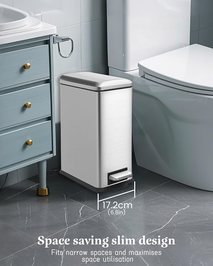 Rubbish Bin with Lid, 10 L, Stainless Steel Waste Bin, Pedal Bin, Stainless - Image 2