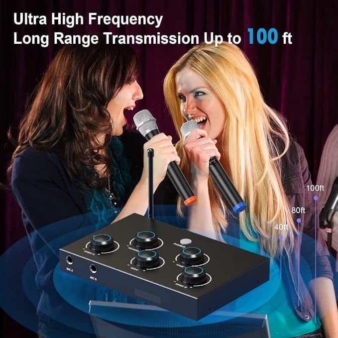 Wireless Microphone System, Dual UHF Portable Karaoke Microphone, HDMI & AUX - Image 3