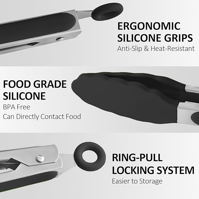 Silicone Cooking Tongs Set of 9 in 7, 9 and 12 Inch Sizes