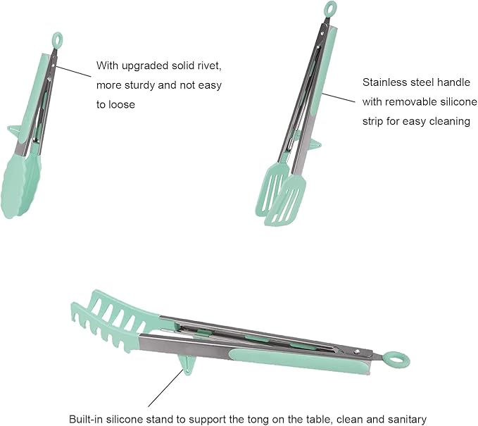 Tongs Set, 4 Piece Green Silicone and Stainless Steel for Grilling