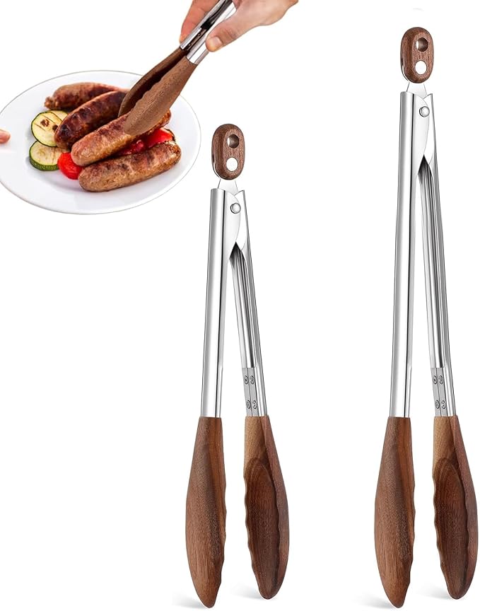 Food Tongs Set of 2 with Walnut Wood Tips, 10 and 13.5 Inch
