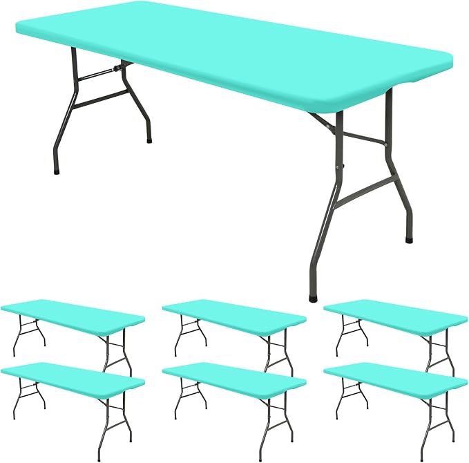 6 Pack Fitted Tablecloth for 8 Foot Rectangle Tables, Aqua Blue Elastic Outdoor by REWOMC