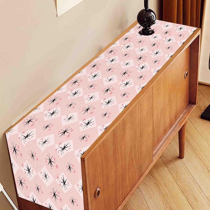 Pink Table Runner, Retro Mid Century 1950s Checkered Modern Abstract Geometric - Image 3
