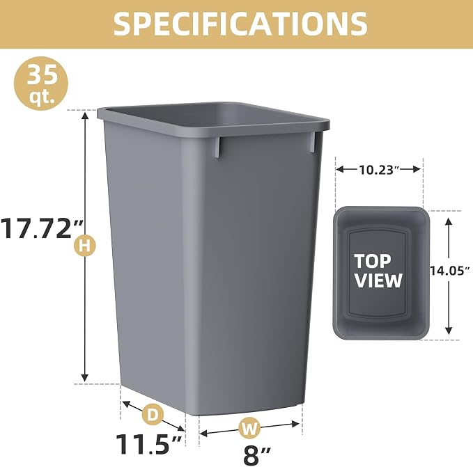 ROOMTEC 35QT Kitchen Trash Can, Sturdy and Lightweight Slim Trash Can, Trash - Image 3