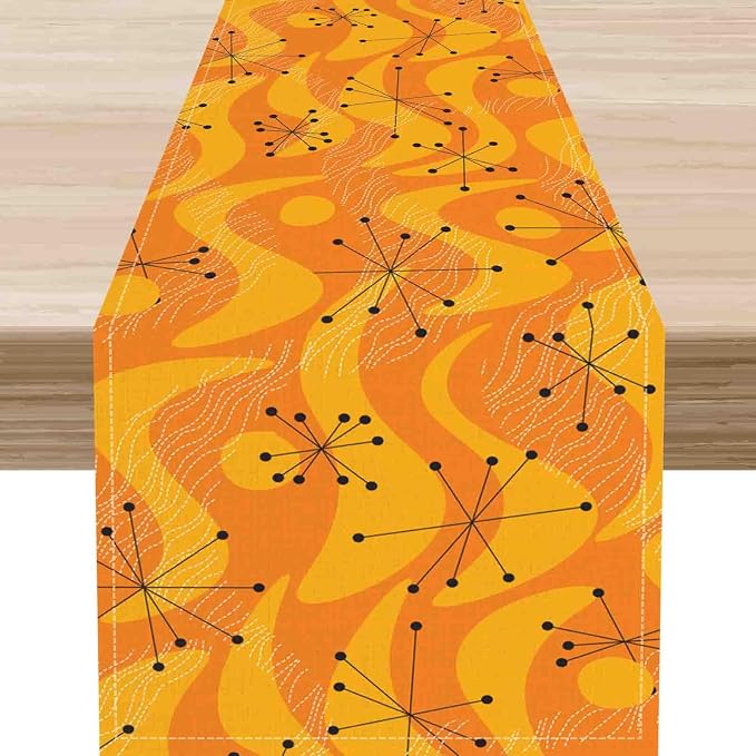 70s Table Runner, Retro Orange Wave Mid Century Atomic Print Abstract Hippie by Unknown